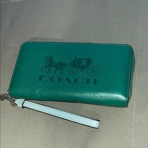 Green Coach Wristlet with Light Blue Strap